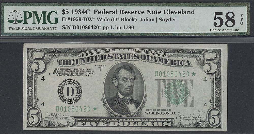 Fr.1959-D*(W), 1934C $5 FRN (Wide Face) Cleveland Star Note, PMG58-EPQ, D01086420*